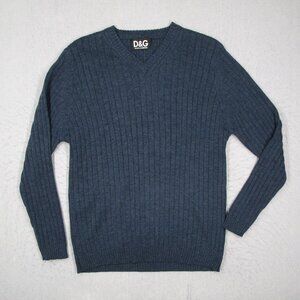 Dolce & Gabbana Sweater Mens Large Blue Wool V Neck Long Sleeve Knit Pullover